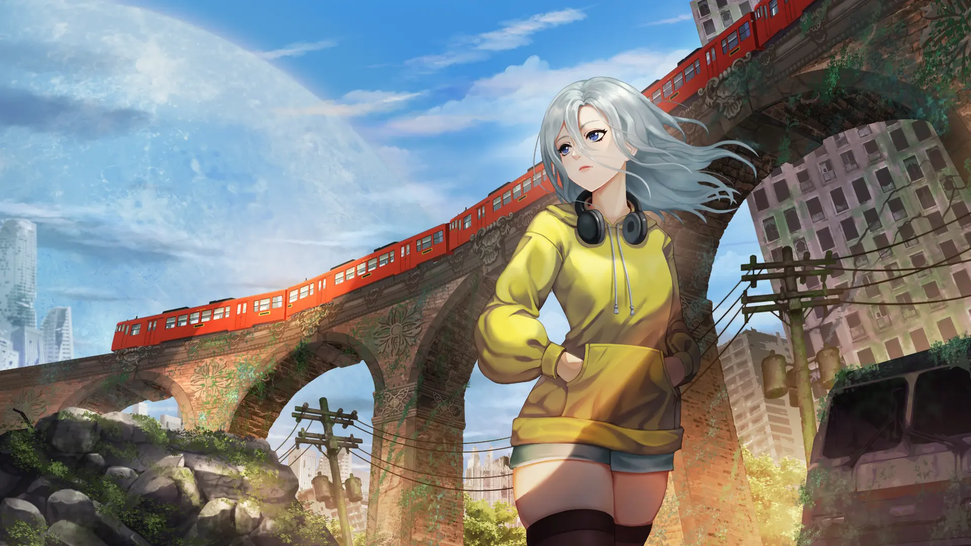 Illustrated city scene with a girl beside a train